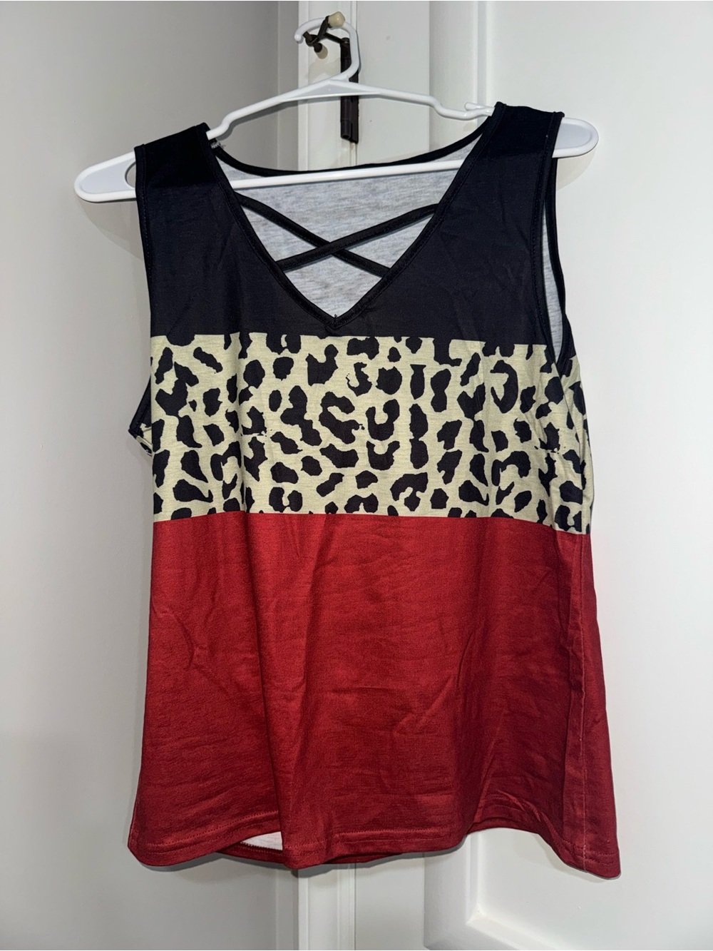 Womens Colorblock Leopard Print Tank Top - Black, Cream & Red